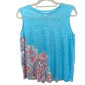 J Jill Love Linen Tank Womens Top Sz S Aqua Coastal Boho Paisley Linencore chic